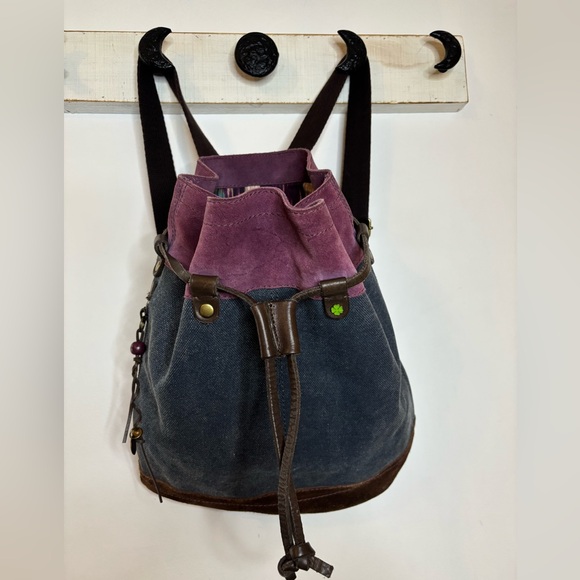 Lucky Brand Fillmore drawstring purple suede and denim canvas backpack - Picture 1 of 10